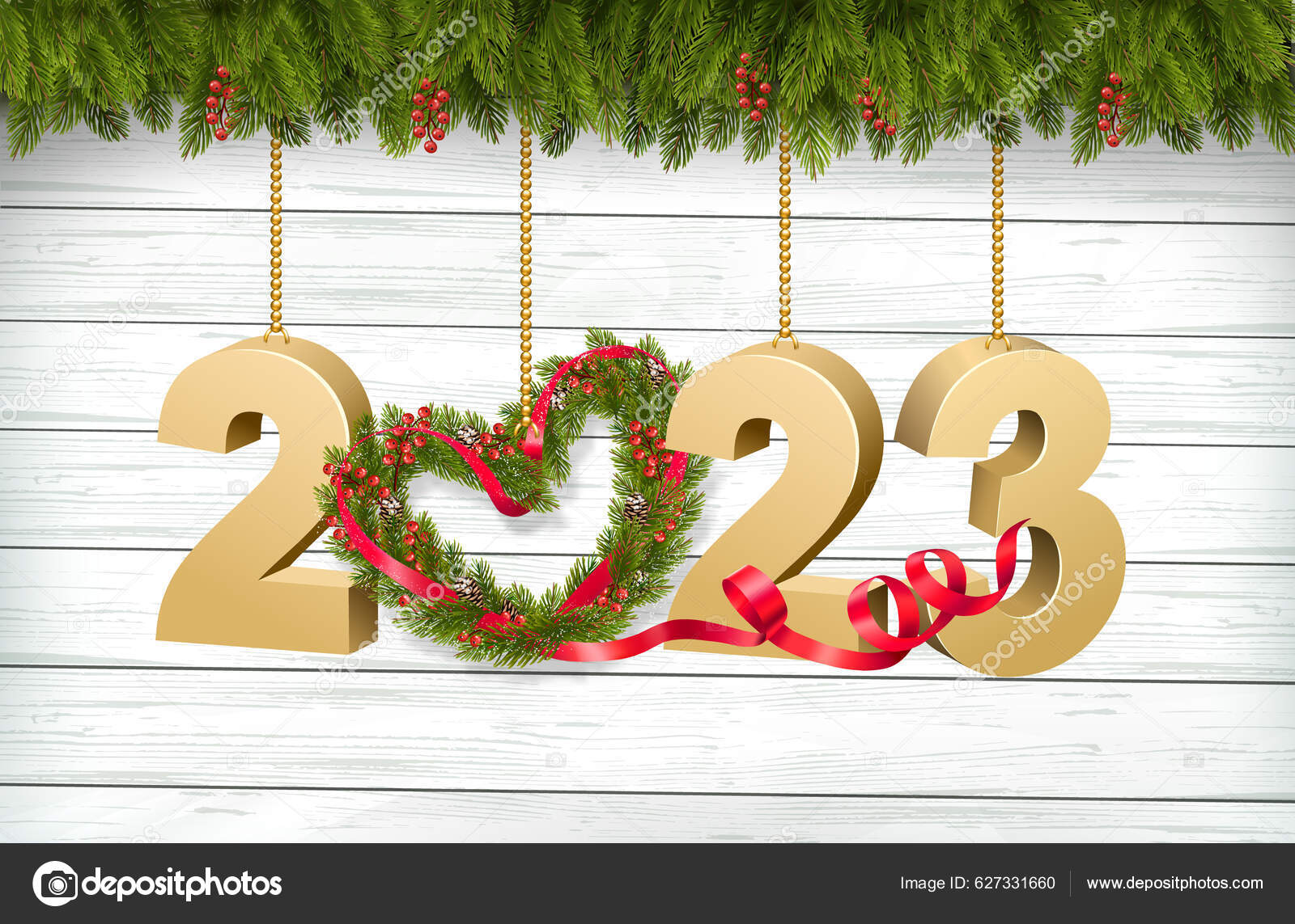 圣诞快乐新年快乐背景圣诞树上有2023个字母和枝条上面有浆果还有一颗心形的松树图库矢量图©almoond 627331660, image size:1600x1143