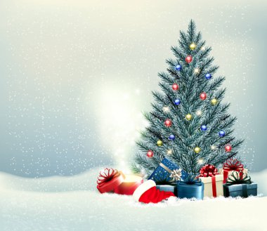 Noel tatili ve yılbaşı ağacı, renkli hediyeler ve sihirli kutuyla mutlu yıllar.