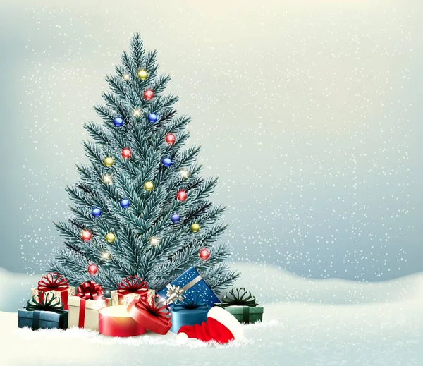 Holiday Christmas and Happy New Year background with a winter  hristmas tree, colorful presents and magic box