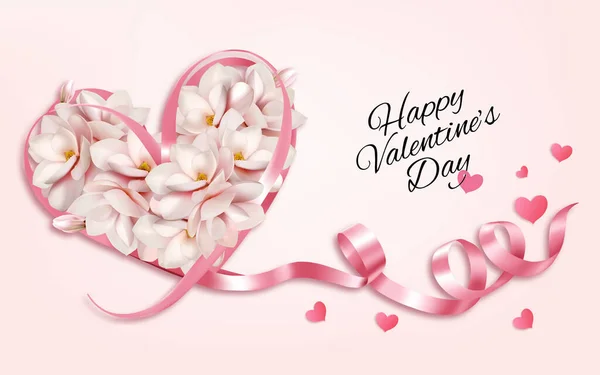 Heart Shaped Magnolia Flowers with a pink ribbon. Valentine\'s Day background. Vector illustration