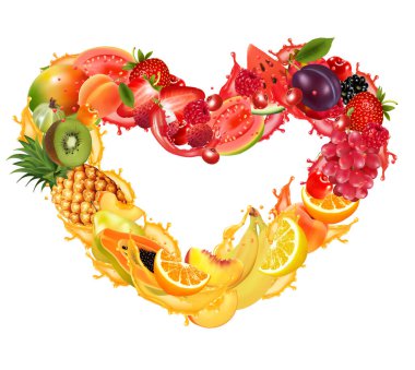 Fruits and berries in a splash of juice collected in the shape of a heart. Strawberry, raspberry, blueberry, blackberry, orange, guava, watermelon, pineapple, mango, peach, apple, kiwi, banana. Vector