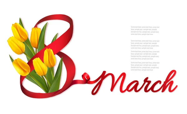 Illustration Mars Fond Fleurs Jaune Vacances Avec Tulipes Jaunes Ruban — Image vectorielle