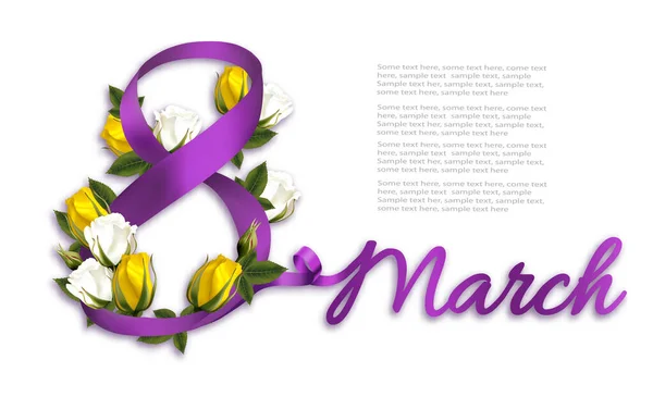 3月8日 国际妇女日庆祝活动的背景 节日五彩缤纷的花朵 背景是黄白色的玫瑰和红丝带 — 图库矢量图片