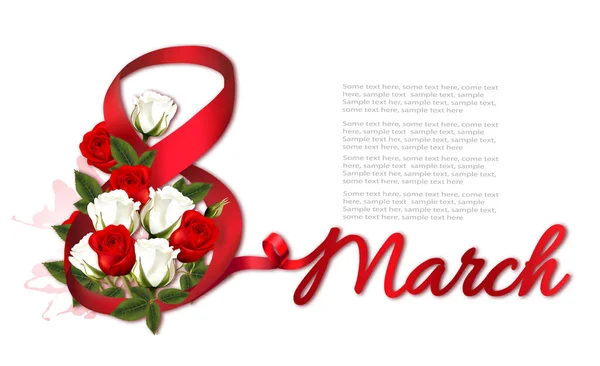 Квітковий Фон Червоними Білими Трояндами Червоною Стрічкою Березня Міжнародний День — стоковий вектор
