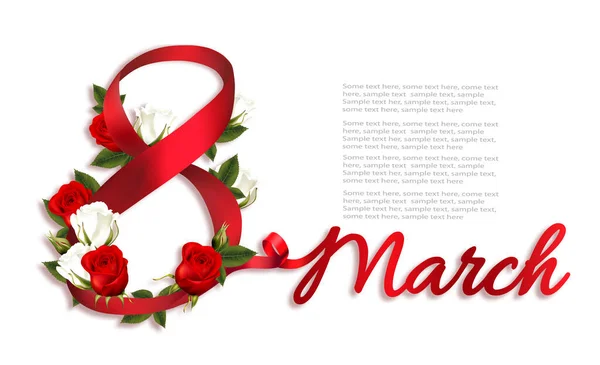 Квітковий Фон Червоними Білими Трояндами Червоною Стрічкою Березня Міжнародний День — стоковий вектор