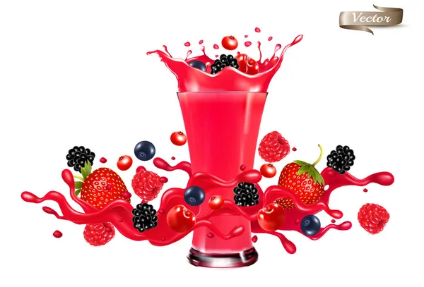 Red Berry Juice Splash Wave Whole Sliced Strawberry Raspberry Cherry — Stock Vector