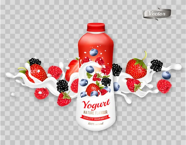 Gyümölcsjoghurt Vagy Tej Friss Bogyós Reklámfogalommal Joghurt Vagy Tej Folyik — Stock Vector
