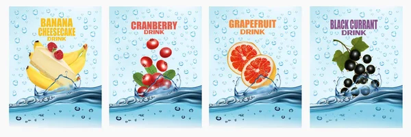 Set Etiquetas Con Bebidas Frutas Bayas Jugo Frutas Frescas Salpicando — Archivo Imágenes Vectoriales