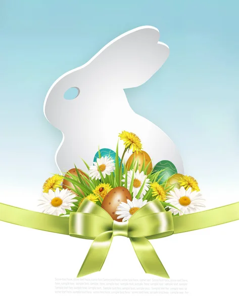 Пасхальный Праздник Фон Колофруктовыми Яйцами Зеленой Траве Весенние Цветы Бумажный — стоковый вектор