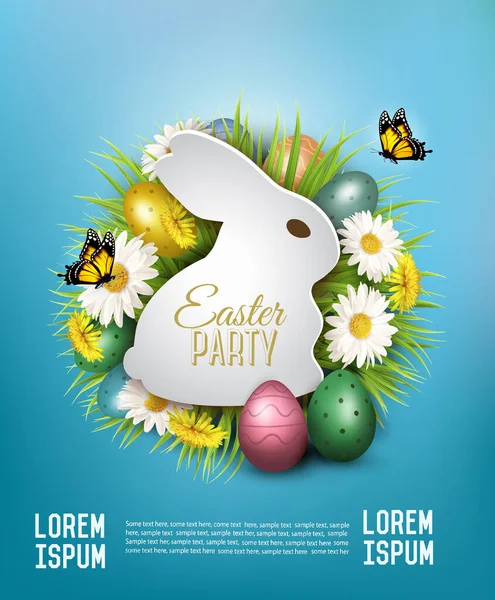 Holiday easter party flyer with easter eggs, spring flowers, grass  and paper rabbit. Vector.