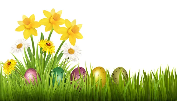 Fondo Vacaciones Pascua Huevos Colofrul Hierba Verde Flores Primavera Vector — Archivo Imágenes Vectoriales