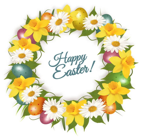Szczęśliwego Tła Wielkanocnego Trawą Wiosennymi Kwiatami Pisankami Wielkanocny Wieniec Kolorowymi — Wektor stockowy