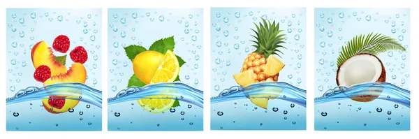Meyve Sebzeli Etiketler Taze Meyve Suyu Birlikte Sıçrıyor Citron Şeftali — Stok Vektör