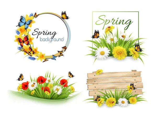 Conjunto Pancartas Venta Primavera Con Flores Tarjetas Vector — Vector de stock