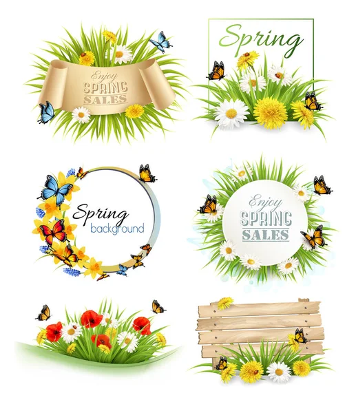 Conjunto Pancartas Marcos Venta Primavera Con Coloridas Flores Primavera Mariposas — Vector de stock
