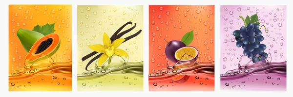Meyve Sebzeli Etiketler Taze Meyve Suyu Papaya Tutku Meyvesi Üzüm — Stok Vektör