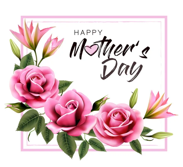 Pembe Güzel Güller Zambaklarla Anneler Günün Kutlu Olsun Vektör — Stok Vektör