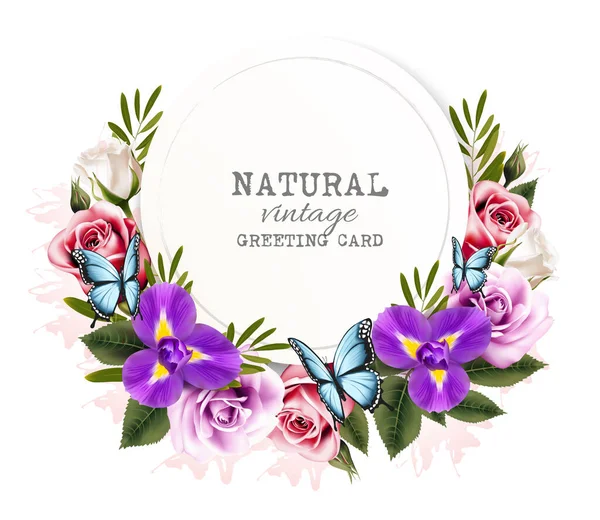 Φυσική Κάρτα Χαιρετισμού Αντίκα Όμορφα Πολύχρωμα Λουλούδια Και Πεταλούδες Διάνυσμα — Διανυσματικό Αρχείο