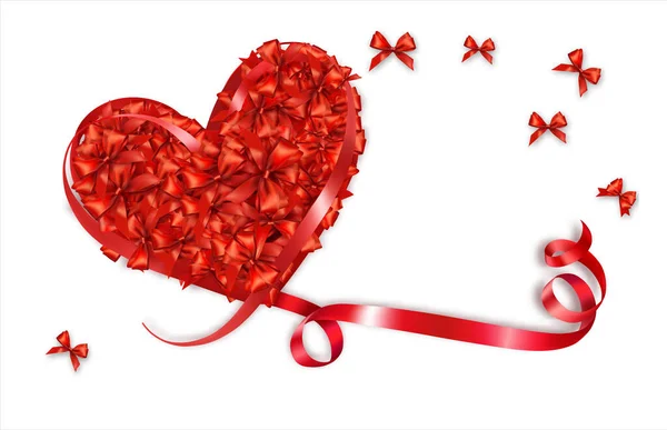 Kalp Şeklinde Kırmızı Yaylar Kalp Şeklinde Kırmızı Bir Kurdele Toplanmış — Stok Vektör