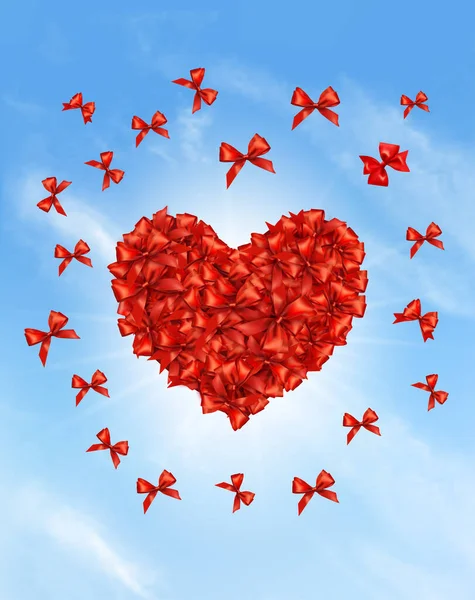 Güzel Kırmızı Fiyonklu Kalp Şeklinde Katlanmış Bir Kart Kalp Şeklinde — Stok Vektör