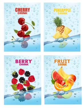 Set of labels with fruit and vegetables drink. Fresh fruits juice splashing together- peach, watermelon, cherry, pineapple in water drink splashing. 3d fresh fruits. Vector illustration.