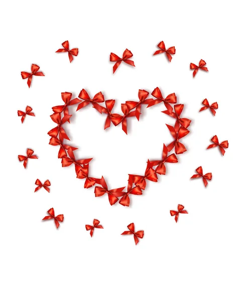 Slavnostní Přání Krásnými Červenými Luky Složenými Tvaru Srdce Červené Luky — Stockový vektor