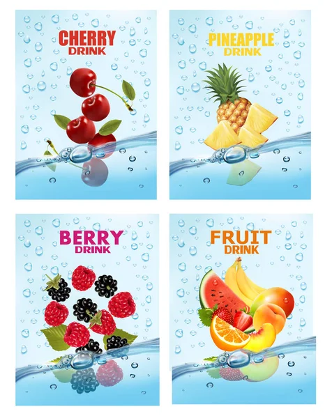 Set Labels Fruit Vegetables Drink Fresh Fruits Juice Splashing Together — Stock Vector