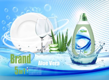 Bir yığın temiz tabak, iki bardak sabun köpüğü ve aloe vera ile temizleyici şişeli kabarcıklar. Bulaşık deterjanı reklam tasarımı için gerçekçi bir bulaşık takımı. Vektör