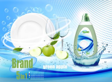 Bir yığın temiz tabak, iki bardak sabun köpüğü ve yeşil elmalı temizleyici şişeli kabarcıklar. Bulaşık deterjanı reklam tasarımı için gerçekçi bir bulaşık takımı. Vektör