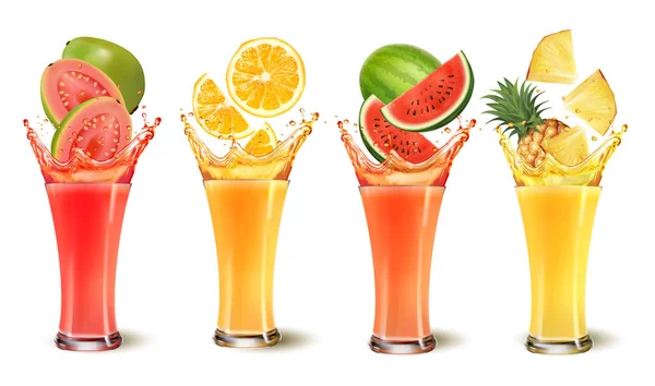 Set Succo Frutta Spruzzare Bicchiere Arancio Ananas Anguria Papaia Vettore — Vettoriale Stock