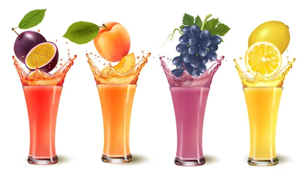 Ein Satz Fruchtsaft Spritzt Ein Glas Maracuja Aprikose Traube Zitrone — Stockvektor