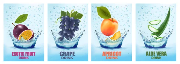 Set Etiketten Met Groente Fruitdrank Vers Vruchtensap Spetterend Samen Passievrucht — Stockvector
