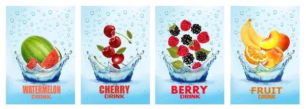 Set Etiketten Met Groente Fruitdrank Vers Vruchtensap Spetterend Samen Perzik — Stockvector