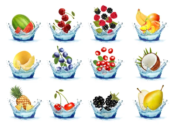 Obst Und Gemüse Wasserspritzern Pfirsich Wassermelone Kirsche Himbeere Brombeere Kokosnuss — Stockvektor