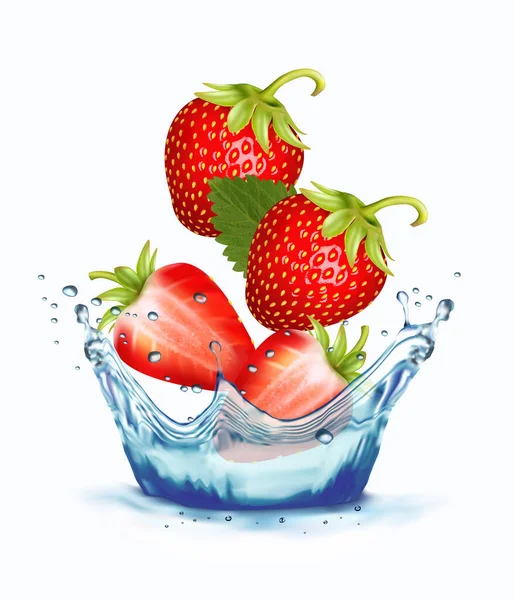 水のスプラッシュで新鮮なイチゴ 3D新鮮な果実が水に落ちます ベクターイラスト — ストックベクタ