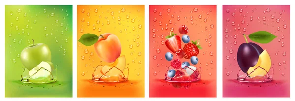 Éclaboussures Jus Fruits Frais Poire Pomme Prune Abricot Fraise Mûre — Image vectorielle