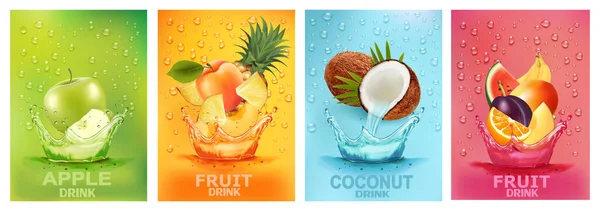 新鮮な果物は一緒に飛び散る リンゴ アプリコット ココナッツ マンゴー パイナップル バナナ オレンジジュースを飲みます 3次元の新鮮な果物 ベクターイラスト — ストックベクタ