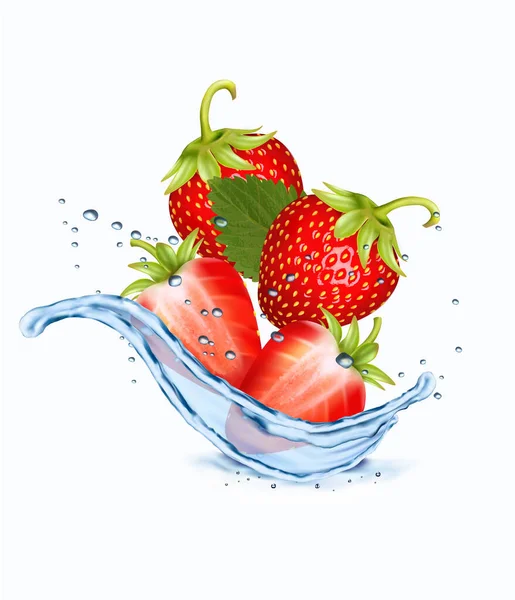 水のスプラッシュとドロップで新鮮なイチゴ 3D新鮮な果実が水に落ちます ベクターイラスト — ストックベクタ