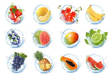 Su sıçramalarında meyve ve sebze seti. Mango, karpuz, kiraz, yabanmersini, tatlı kavun, ananas, çilek, üzüm. Papaya, muz, su sıçraması ve damlalar içinde guava. Vektör illüstrasyonu.