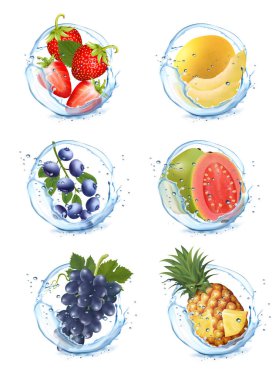 Meyve ve böğürtlenli farklı su setleri. Şeftali, kivi, kayısı, tutku meyvesi. Mango, üzüm, muz. Vektör