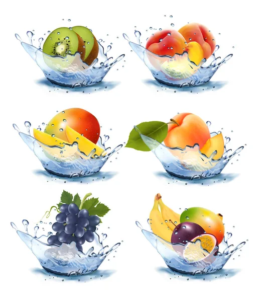 果物や果実と異なる水のスプラッシュのセット キウイ アプリコット パッションフルーツ マンゴー ブドウ バナナ ベクトル — ストックベクタ