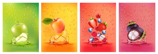 Fresh Fruits Juice Splashing Together Pear Apple Plum Apricot Strawberry — Stock Vector