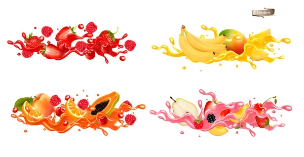 一片片的浆果和水果夹在酱汁里 覆盆子 西番莲果 猕猴桃 一波波的果汁与水花 矢量集 — 图库矢量图片