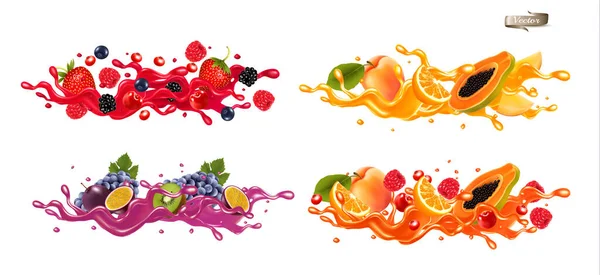一片片的浆果和水果夹在酱汁里 覆盆子 西番莲果 猕猴桃 一波波的果汁与水花 矢量集 — 图库矢量图片
