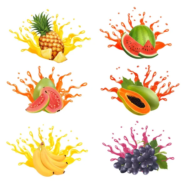 Set Fruits Vegetables Juice Splashes Watermelon Pineapple Grape Papaya Banana — Stock Vector