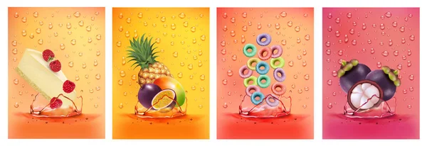 Jus Fruits Frais Éclaboussant Ensemble Ananas Mangue Fleur Passion Boucles — Image vectorielle