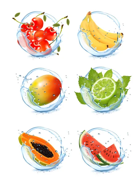 Set Fruits Vegetables Water Splashes Mango Watermelon Cherry Blueberry Sweet — Stock Vector