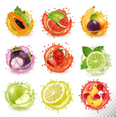Taze meyve suyu birlikte sıçrıyor. Mango, tutku çiçeği, ahududu, mangosteen, karpuz, çilek, papaya, limon, elma, limon, erik, şeftali suyu. Vektör