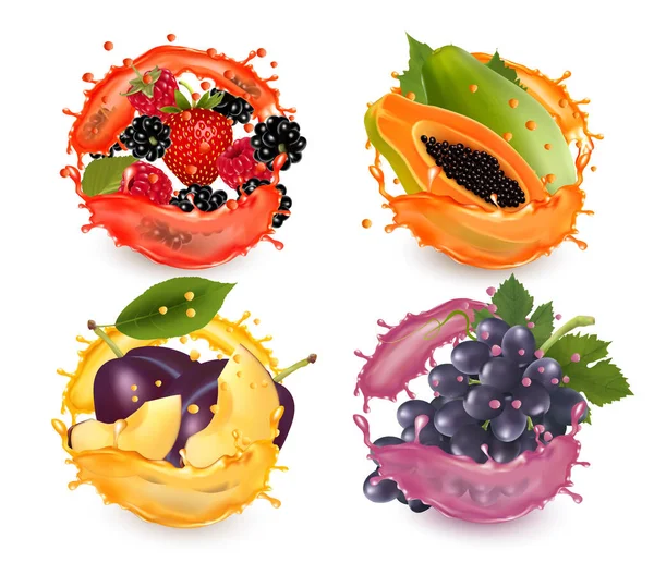 果汁中的一组水果飞溅 覆盆子 — 图库矢量图片