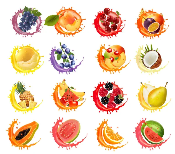 Obst Und Gemüse Wasserspritzern Aprikose Wassermelone Kirsche Himbeere Brombeere Kokosnuss — Stockvektor